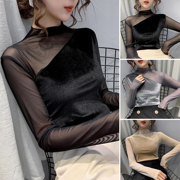 

women's t-shirt autumn women turtle high neck t shirt long-sleeved gauze see through base upper meah sheer party clubwear, White