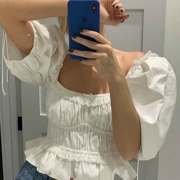 

women's polos square neck ruffled puff sleeve white women blouse fabp