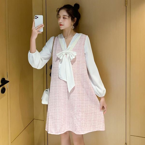 

maternity dresses 2021 fashion pregnant women dress long sleeve casual loose big bow v-neck patchwork pregnancy vestidos, White