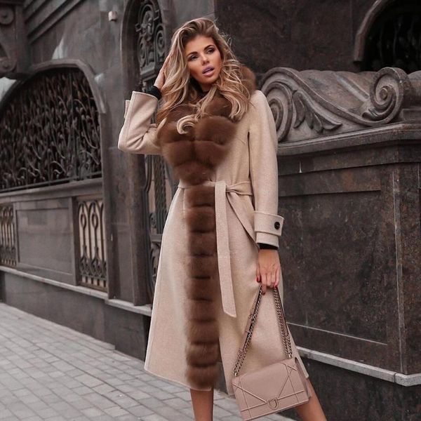 

women's fur & faux light khaki real coat winter fashion long wool blends coats natural lapel collar cashmere overcoats, Black