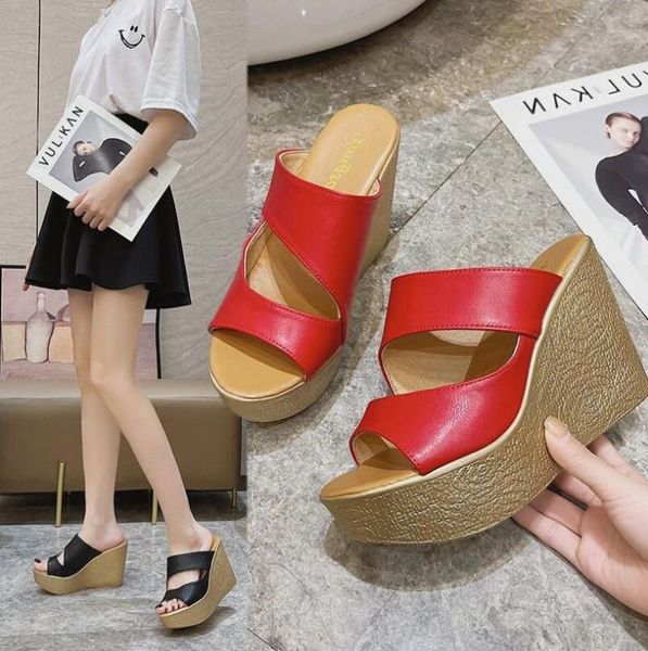 

sandals 2021 summer super high heel women's slippers platform waterproof shoes outer wear wedge, Black