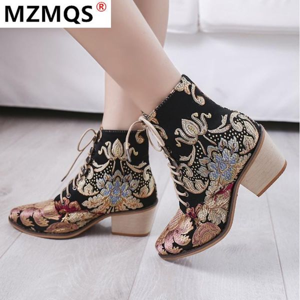 

boots 2021 fashion spring retro women embroidery flower short lady elegant lace up ankle female chunky botas mujer, Black