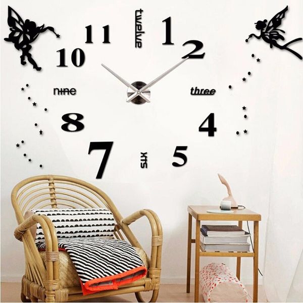 

english letter mute self adhesive 3d wall clock acrylic angel diy large sticker modern design for living room decor clocks