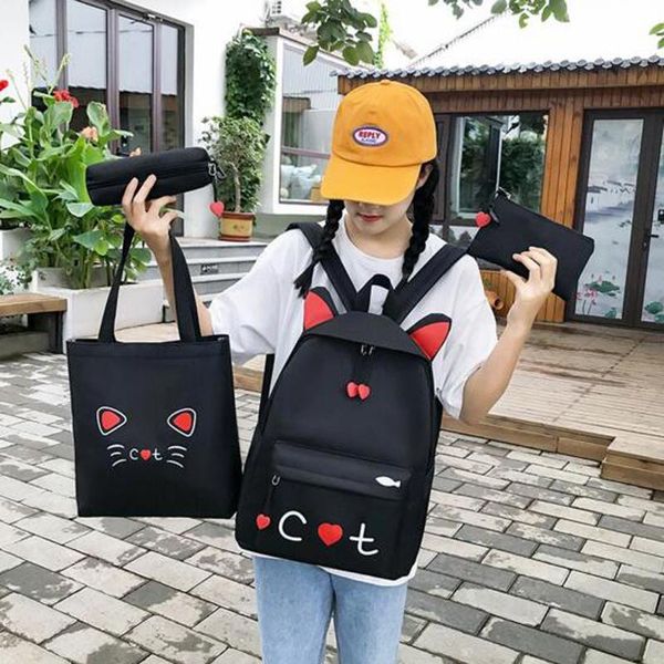 

4pcs/set women canvas school backpack large capacity schoolbag for teenager girls lappencil case mochila bags