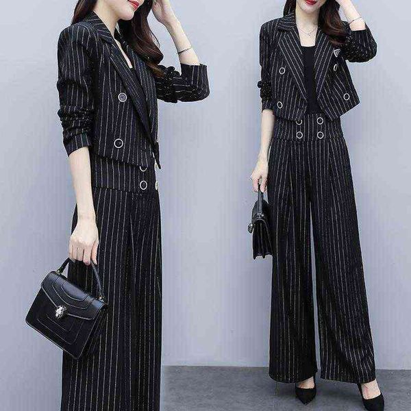 

fashion vintage casual blazer women's office slim jacket or high waist wide leg pants stripe female harajuku loose comfortable 211118, White