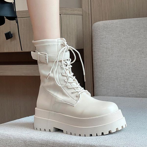 

boots 2021 buckle strap chunky heel female ankle winter autumn zipper shoes motorcycle short women thick platform botas, Black