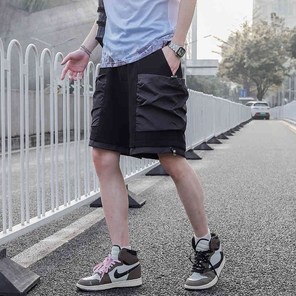 

men's shorts harajuku elastic waist looses casual load of male shorts streetwear side pockets with black cord oversize above the knee p, White;black