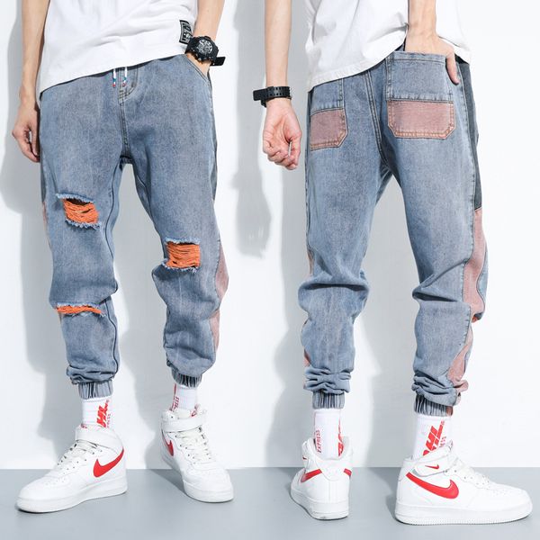 

men's jeans style loose ripped holes japanese trendy korean cropped pants fashionable trousers 802 p6q3, Blue