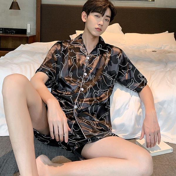 

men's sleepwear fashion pajama sets men turn-down collar silk short sleeve elastic waist solid button stain male casual loose simple, Black;brown
