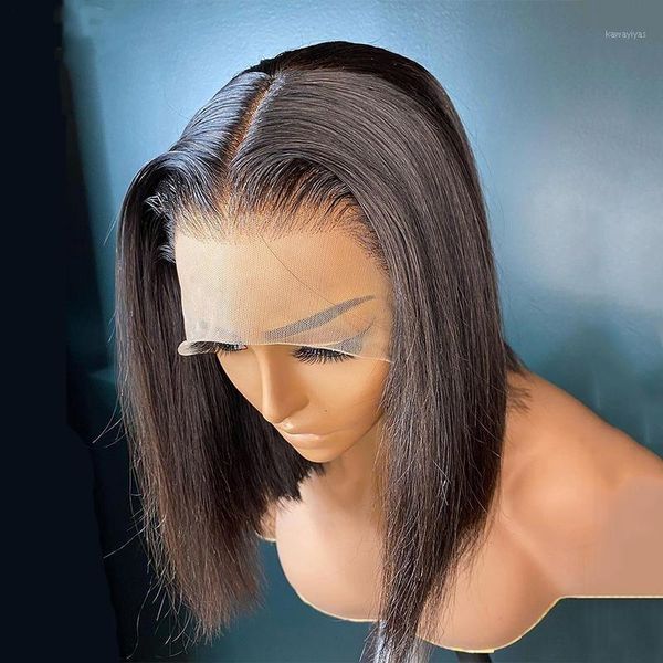

jet black short bob middle part lace front wigs brazilian human hair wig women summer with natural hairline1, Black;brown