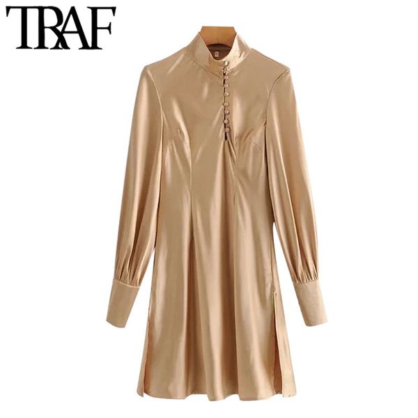 

traf women chic fashion with buttons side vents cozy mini dress vintage high neck long sleeve female dresses vestidos 210415, Black;gray