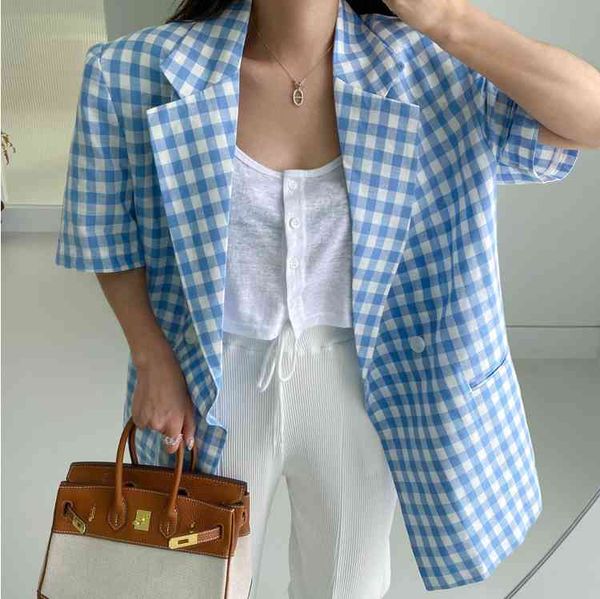 

suits fashion plaid women's blazer short sleeve notched collar pocket summer loose suits jacket coat female, White;black