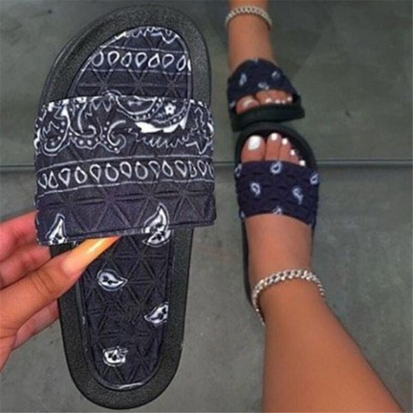 

large size sandals women printed platform fashion color matching satin one word beach slippers casual women's shoes, Black