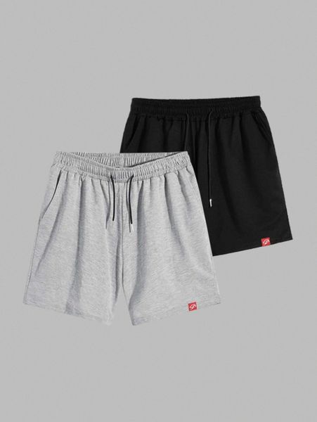 

men 2pcs drawstring waist patch detail shorts 08q8#, Black