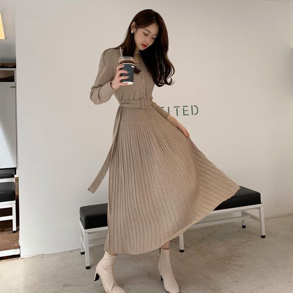 

casual dresses knitted belt long sleeve dress women 2021 slim big swing korean elegant fall winter button v neck sweater midi ribbed, Black;gray