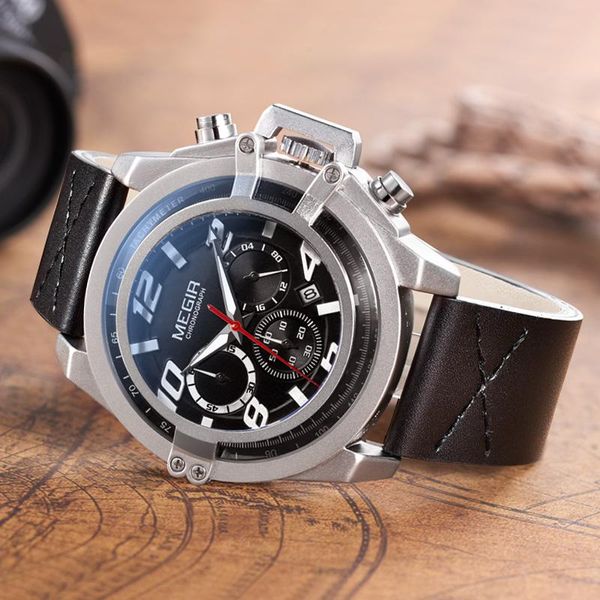 

wristwatches megir men's fashion sport watches men chronograph quartz clock man leather military waterproof watch relogio masculino, Slivery;brown