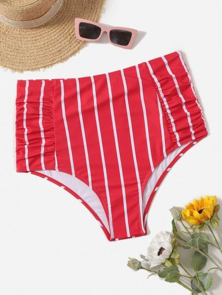 

plus striped ruched high waisted bikini panty y4dk#, Black
