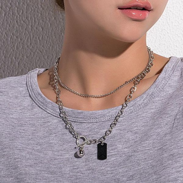 

pendant necklaces double layer fashion geometric square circle shape beads thick chain necklace women personality clavicle, Silver