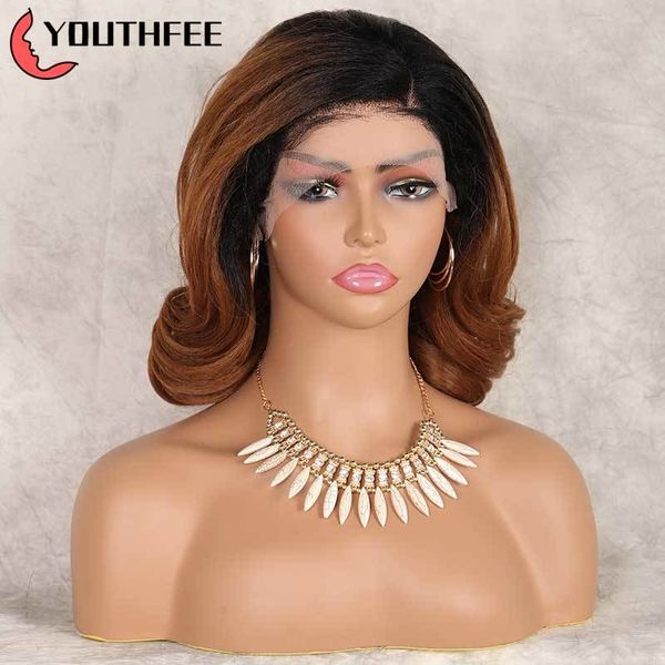 

youthfee deep wave lace front synthetic wigs with baby hair 12"meduim wig for women black frontal, Black;brown