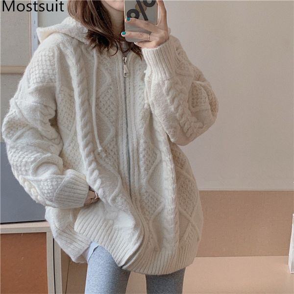 

thick warm twisted knitted hooded sweater coat women long sleeve loose fashion casual female cardigan spring 210514, White;black