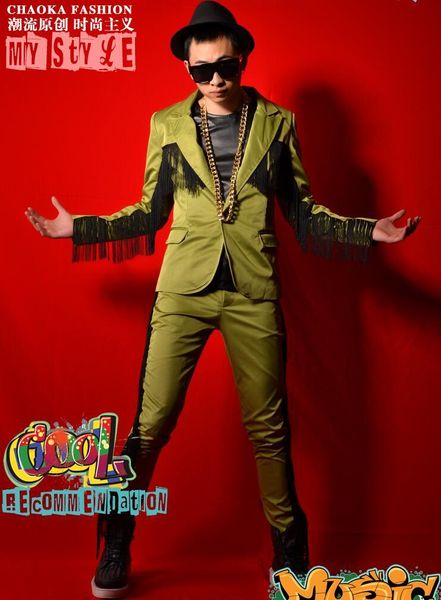 

men suits designs army green tassels terno stage costumes for singers blazer dance clothes jacket style dress punk rock men's & blazers, White;black