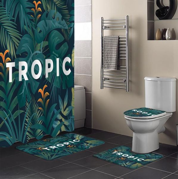 

summer green plant shower curtain set toilet seat cover bathroom decor accessories mat curtains