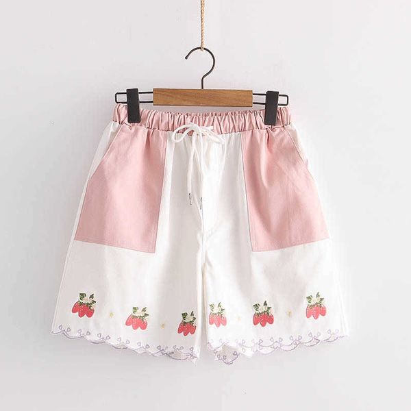 

women's shorts japan soft girls sweet white women cute strawberry embroidery pink kawaii elastic casual loose teens wide-leg short, White;black
