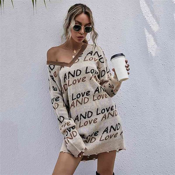 Carta de moda Impressão Jumper Sweater Mulheres Outono Inverno Amor de Malha Pullovers Sweater Tops para mulheres Novo Casual 210413