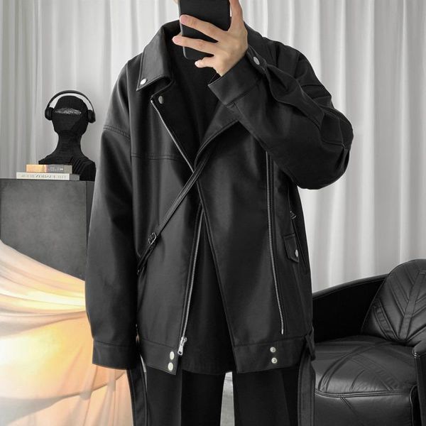 

men's fur & faux spring black leather jacket fashion loose motorcycle jackets mens streetwear wild hip hop bomber men outwear
