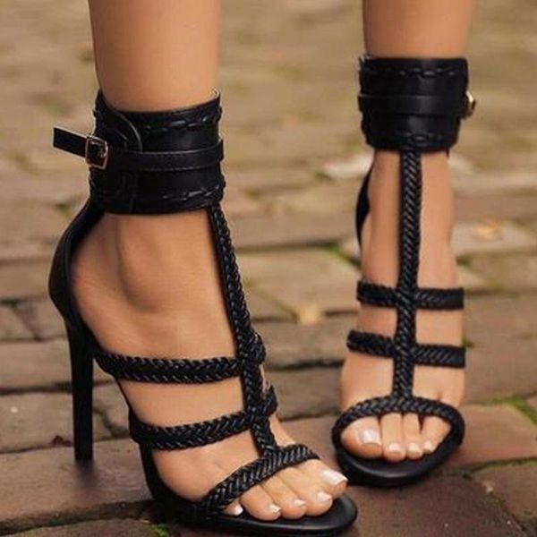 

summer fashion pumps sandals women black pu leather t-strap braided belt buckle stiletto high heeled shoes lady