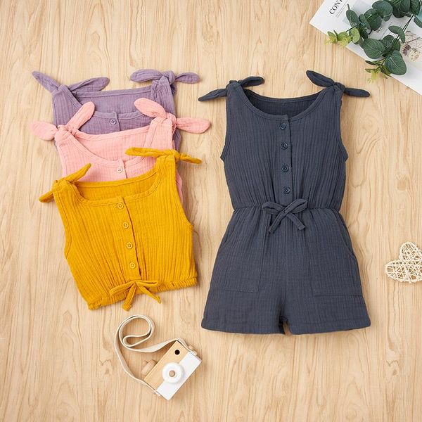 

summer toddler boys girls rompers jumpsuits playsuits onepiece cotton linen muslin sleeveless overalls children clothing, Blue