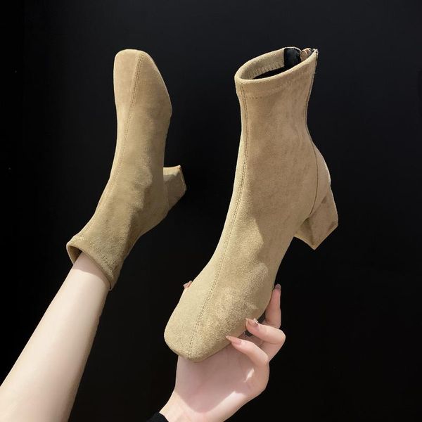 

boots ankle ladies casual women's shoes high heels autumn and winter 2021 square thick heel short, Black
