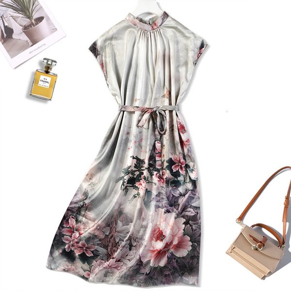 

dress women's 95% mulberry 5% spandex satin silk chinese classical stand collar floral printed long dress with belt jn617, Black;gray