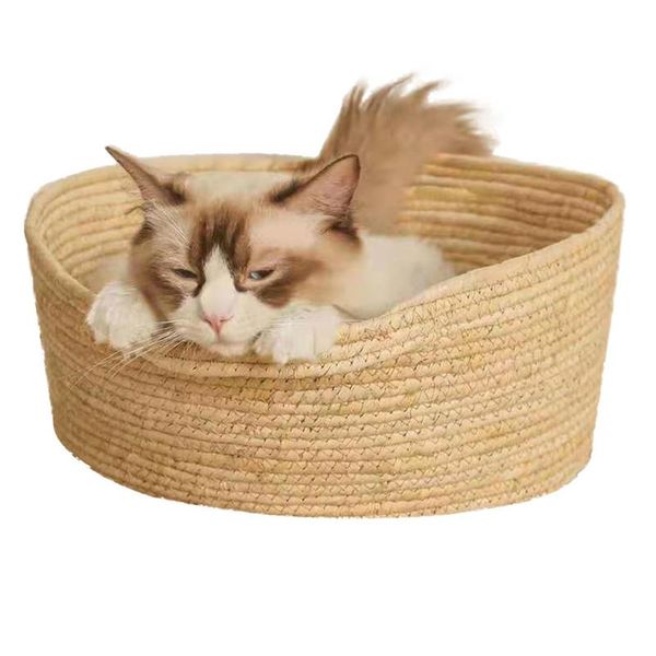 

cat beds & furniture summer bed hand woven rattan round basket nest breathable pet mat sleeping products