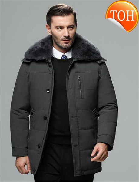 

down version men's jacket fashion mid-length thick clothing fox fur collar winter coat, Black