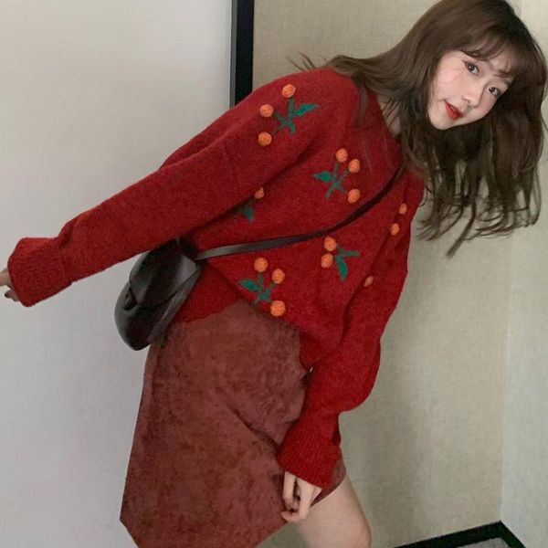 

women's sweaters 2xl red fashion knitted pullovers woman flower korean japan style ropa de mujer sweater women, White;black