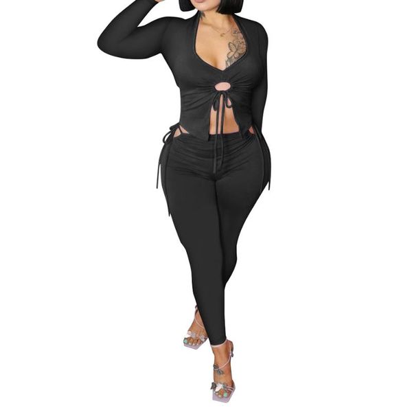 

women's two piece pants casual set women clothes long sleeve bandage crop and leggings matching fall 2021 fashion fitness tracksuits, White