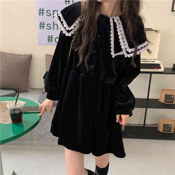 

autumn women black mini elegant fashion veet long sleeve kawaii peter pan lace collar vintage casual female es, Black;gray