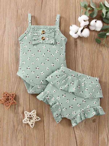

baby allover floral print fake button ruffle trim bodysuit & shorts she, White