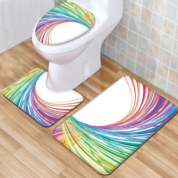 

bath mats rainbow color geometric stripe pattern toilet three-piece set bathroom carpet entrance door mat seat rugs