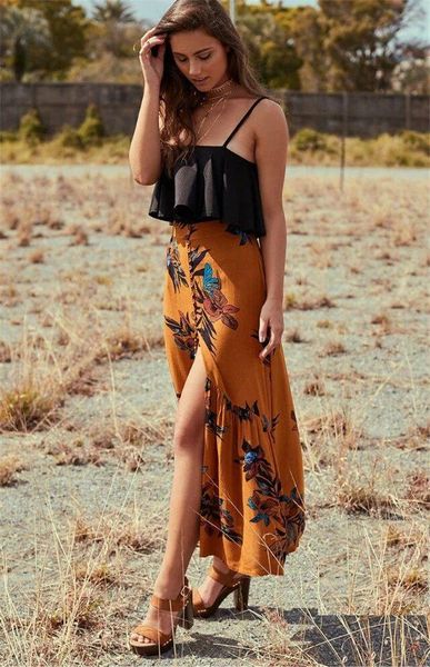 

skirts fashion casual woman skirt 2021 spring summer print mid waist boho maxi mid-calf, Black