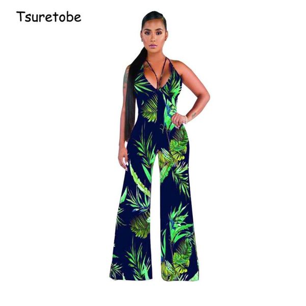 

women's jumpsuits & rompers tsuretobe leaf printed spaghetti strap jumpsuit wide leg women fashion halter backless sleeveless bandage r, Black;white