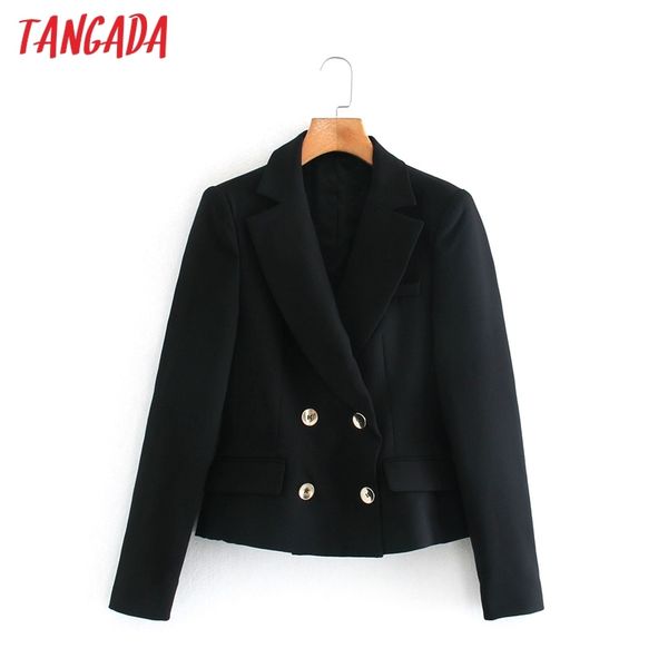 

women solid black short blazer coat double breasted notched collar fashion female casual chic 2xn29 210416