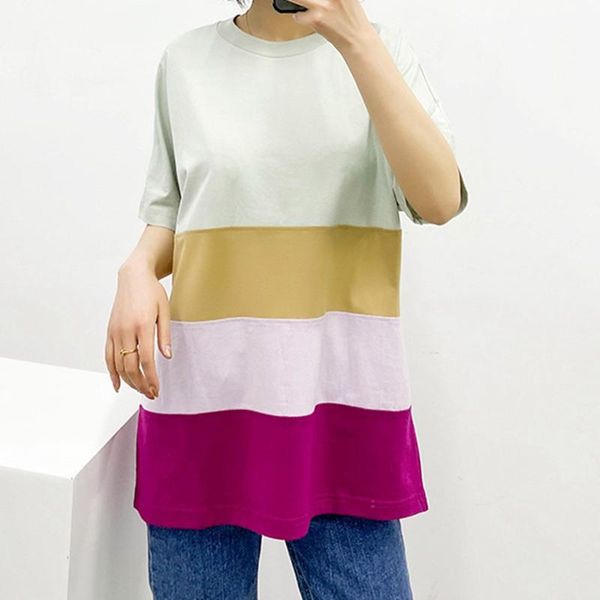 

100% cotton 2021 summer classic round neck short-sleeved four-color stitching striped loose wild t-shirt women's, White