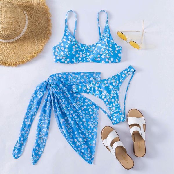 

women's swimwear floral print bikini set women halter high cut push up 3 piece swimsuit brazilian bather bathing suit skirt thong, White;black