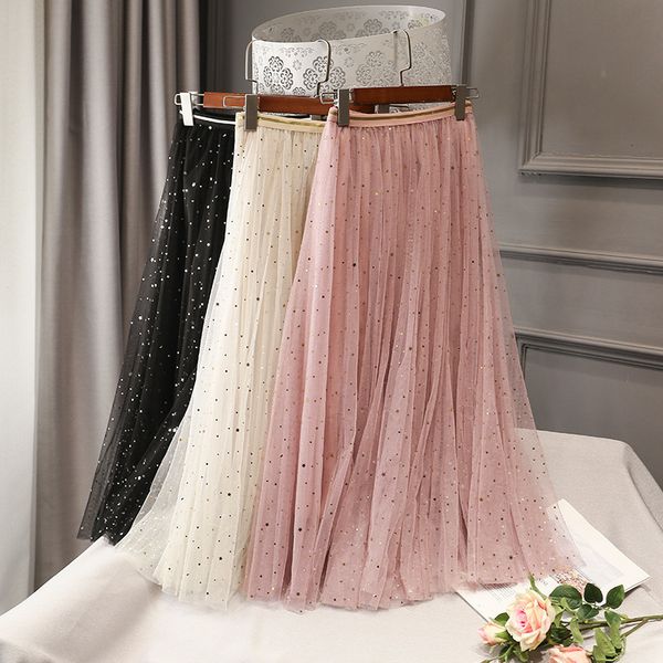 

Skirts skirts Winter 2-Piece Set Tulle Maxi Stars Sequin A-line Layered Mesh Ankle Long Metallic Starry Pleated S 9OY2, Black