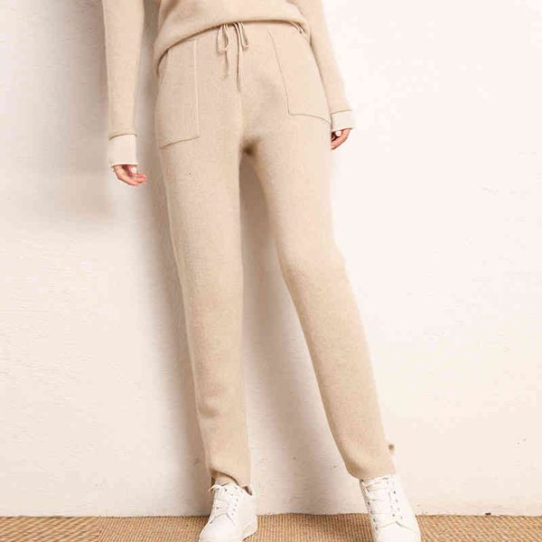 

capris women 2021 autumn and winter soft comfortable high-waist 100% pure cashmere knitted pants female elastic 5color casual, Black;white