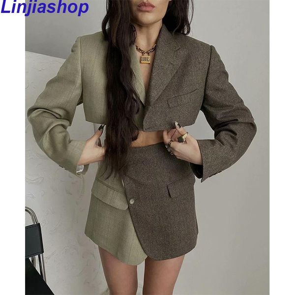 

women's suits & blazers fashion women vintage patchwork crop blazer mujer notched collar single button suit outerwear autumn chic, White;black