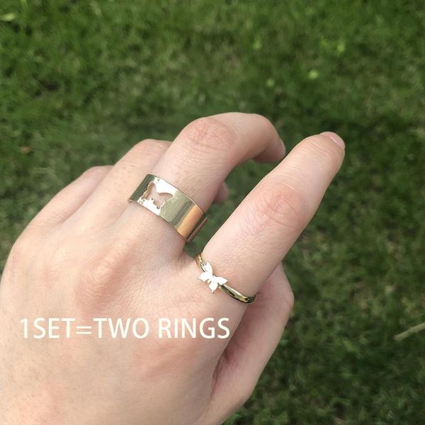 

cluster rings 2 pcs vintage hollow out butterfly for women men lover couple ring set open cuff wedding adjustable jewelry bague, Golden;silver