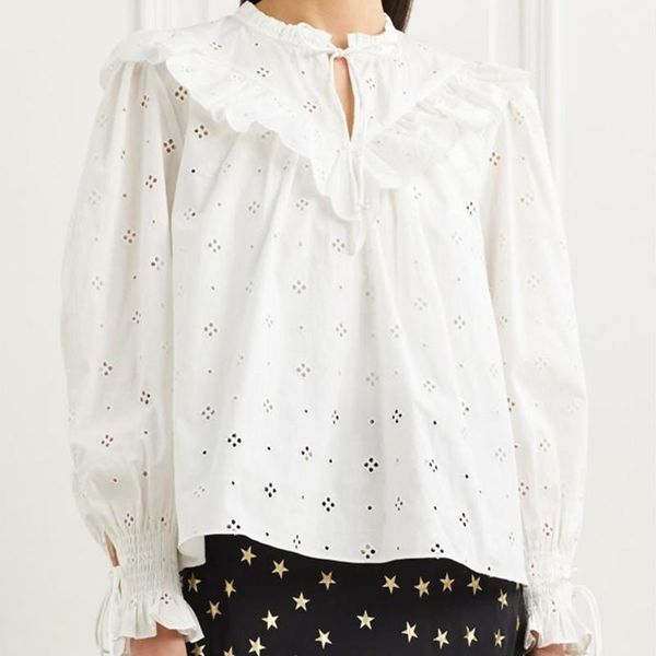 

women's blouses & shirts 2021 spring women ruffles blouse long sleeve hollow out lace-up embroidery ladies and female clothes girls, White
